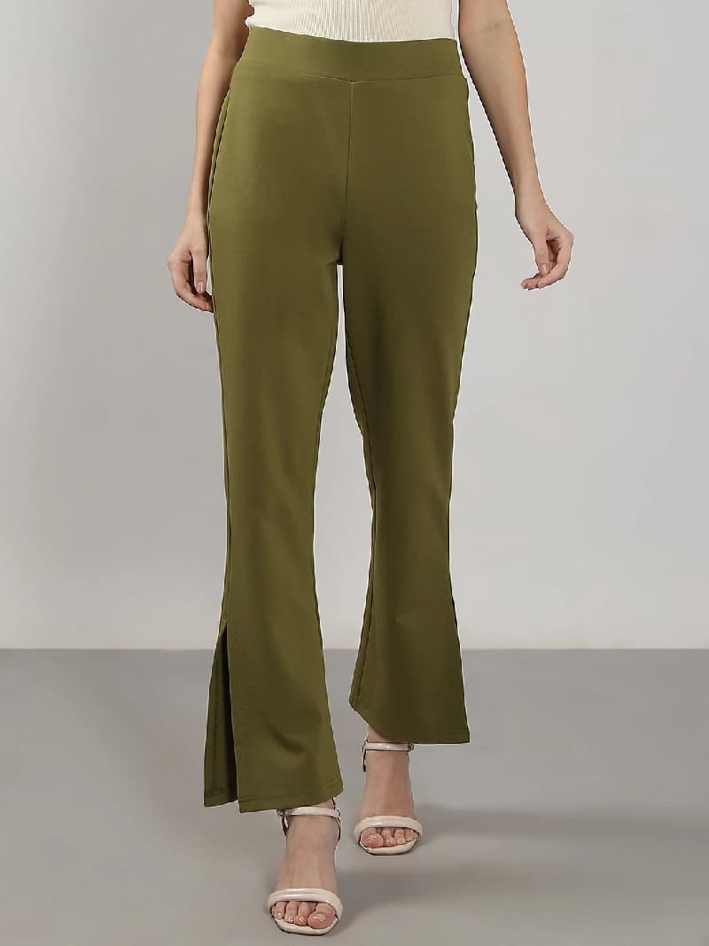 Women's Green Formal Solid Trouser