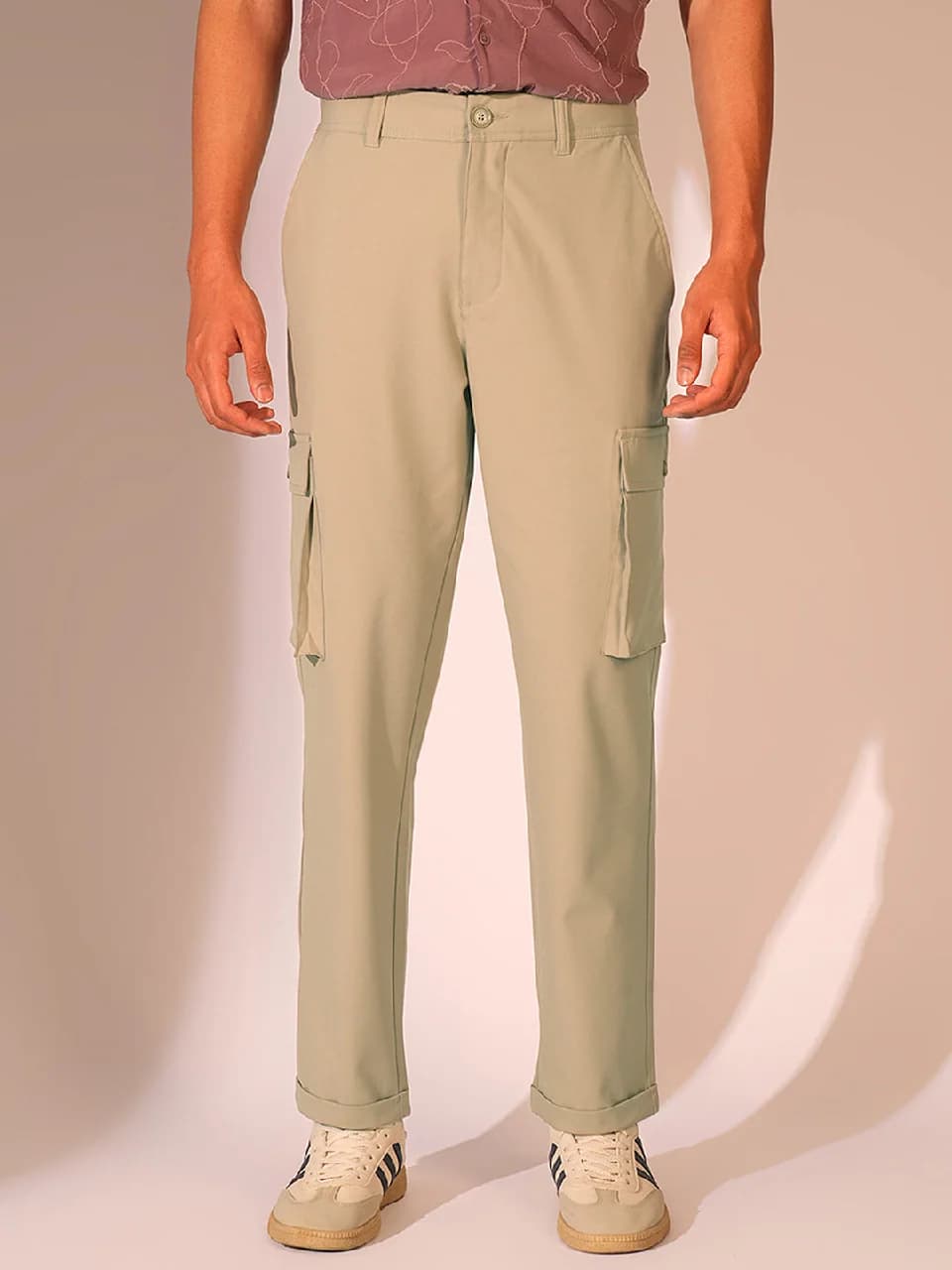 Men's Beige Casual Straight Fit Solid Trousers