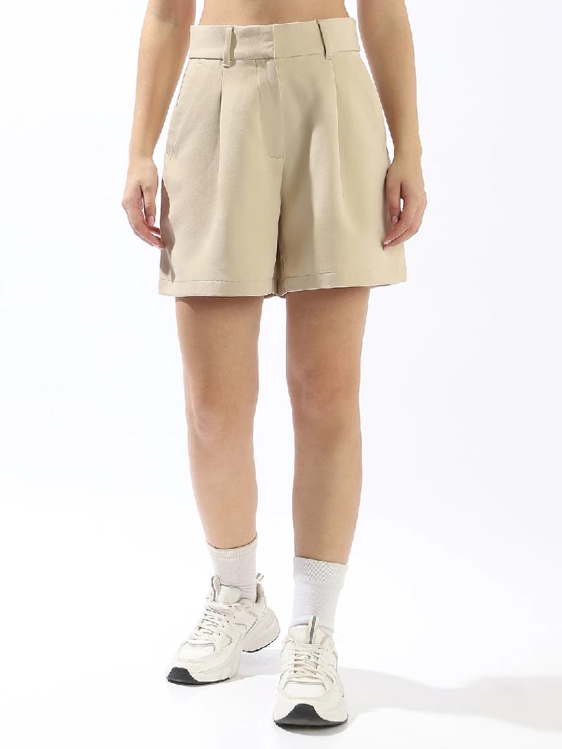 Women's Polyester Spandex Beige Shorts