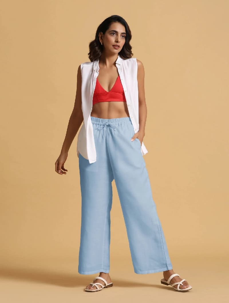 Women's Blue Formal Solid Straight Fit Trouser