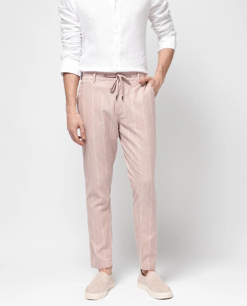 Men's Pink Casual Striped Straight Fit Trouser