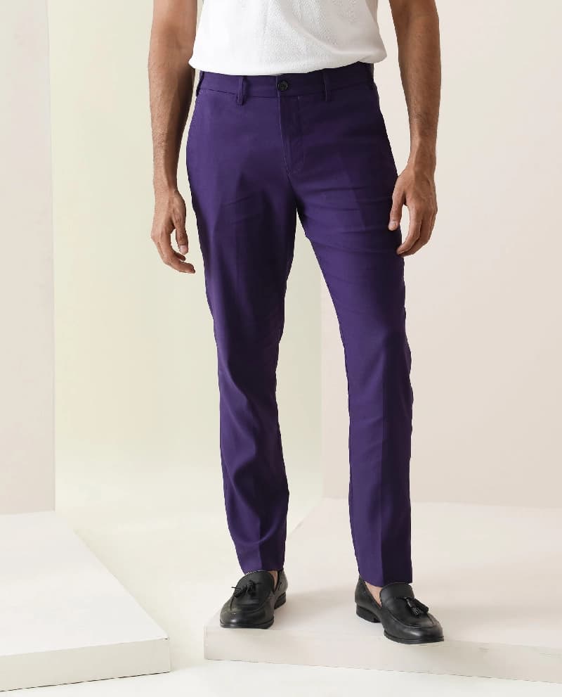 Men's Purple Casual Solid Slim Fit Trouser