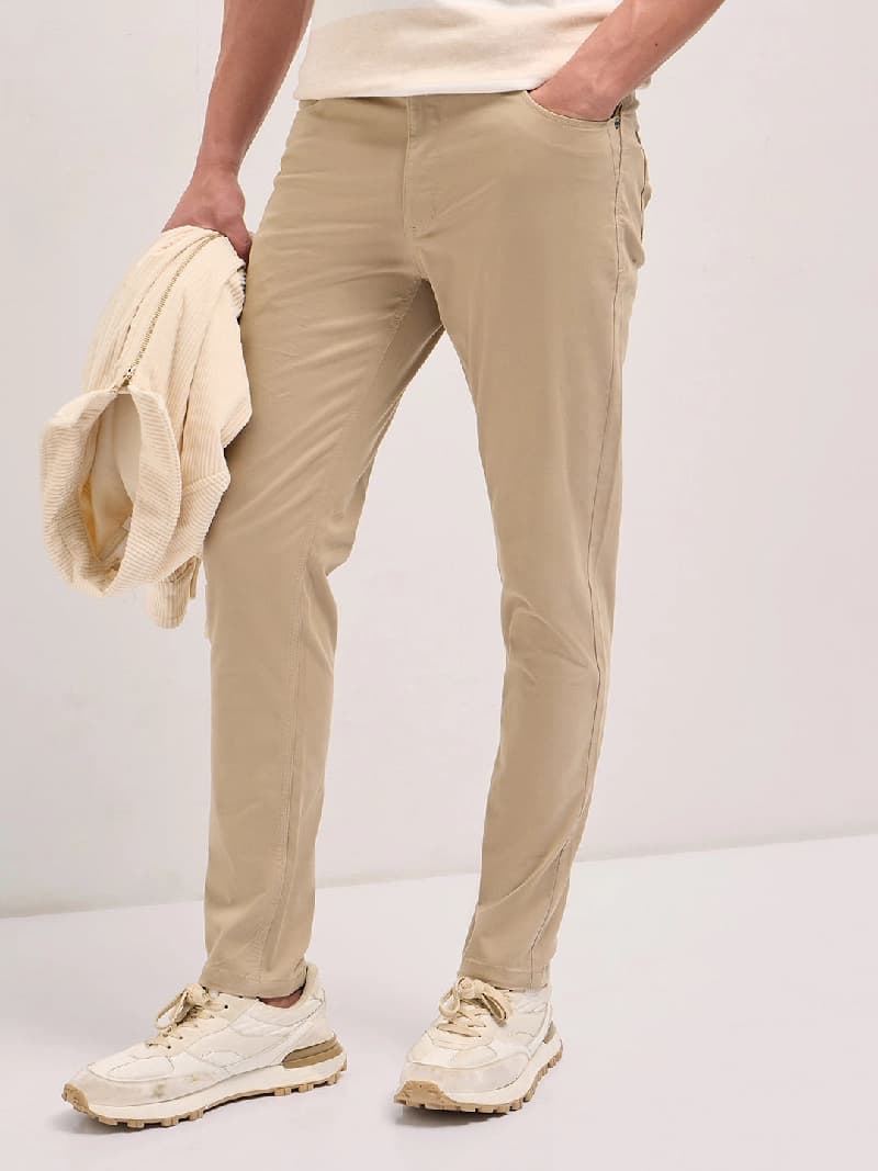 Men's Beige Casual Solid Slim Fit Trouser
