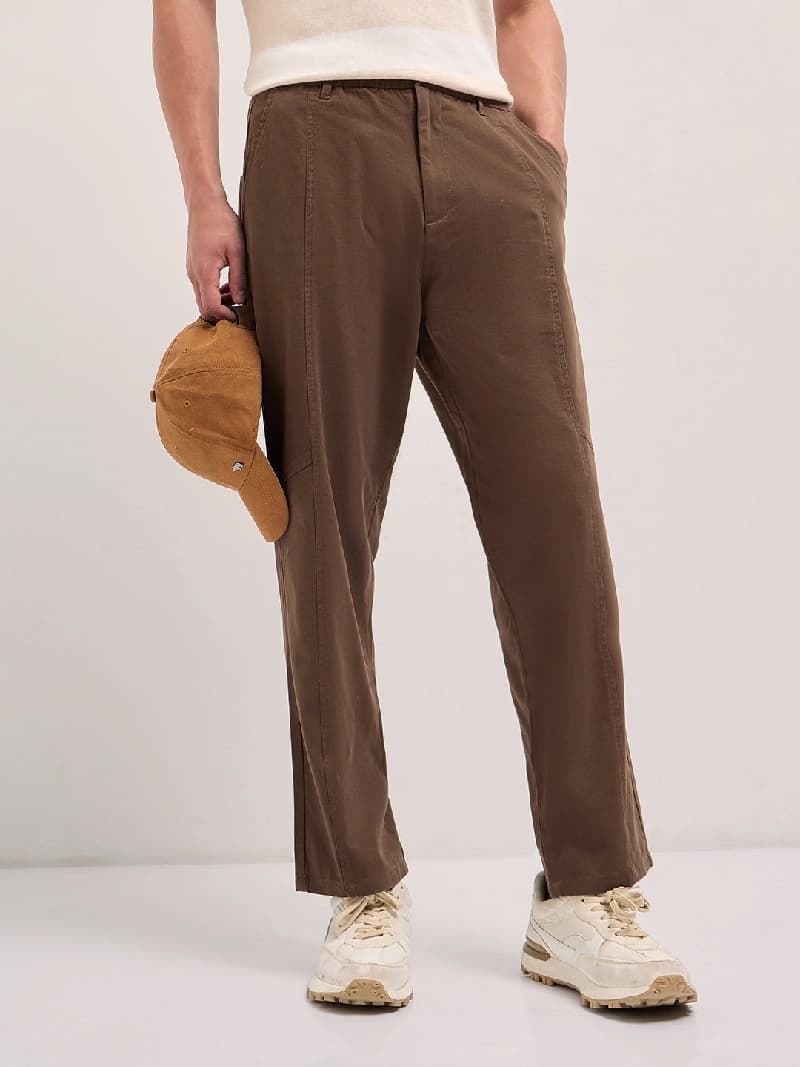 Men's Brown Casual Solid Straight Fit Trouser