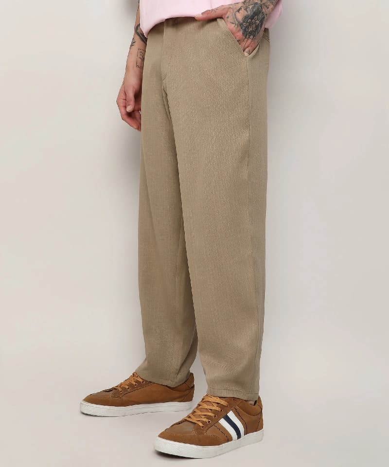 Men's Beige Casual Solid Trouser