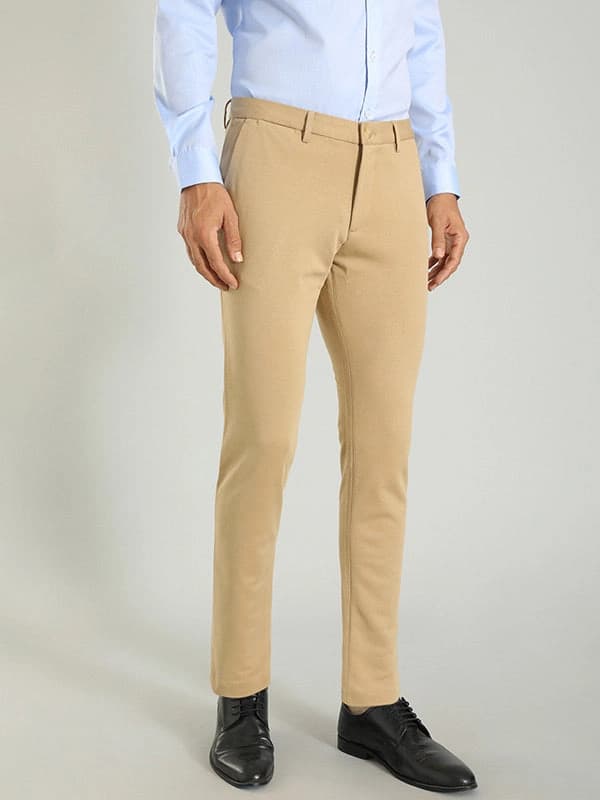 Men's Beige Formal Printed Tapered Fit Trouser