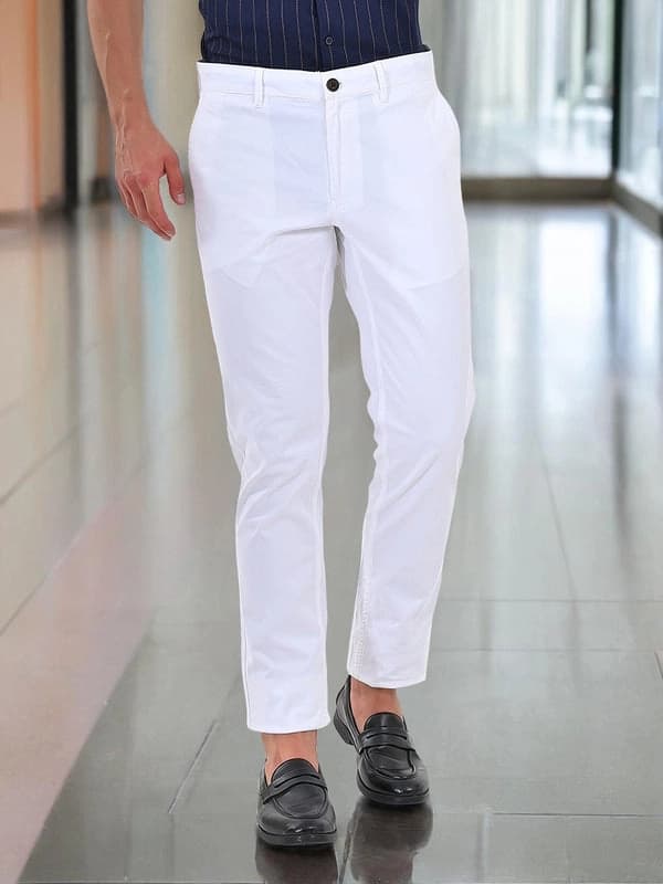 Men's White Casual Solid Slim Fit Trouser