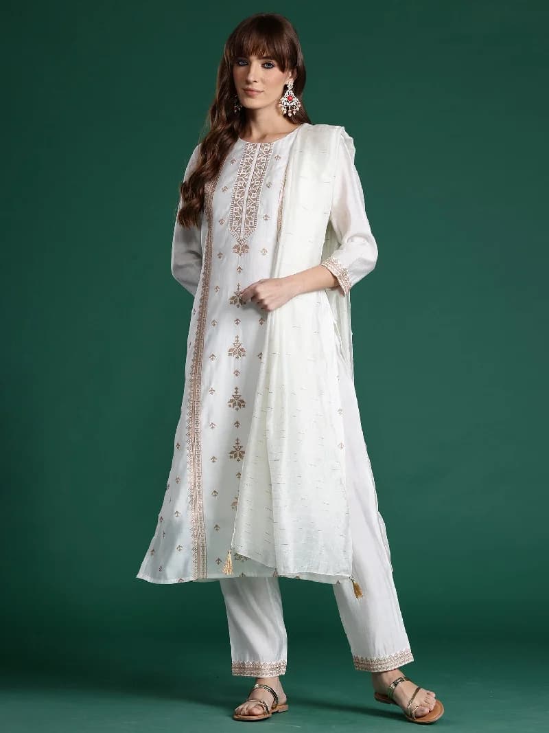 Women's White Festive Kurta Set With Dupatta