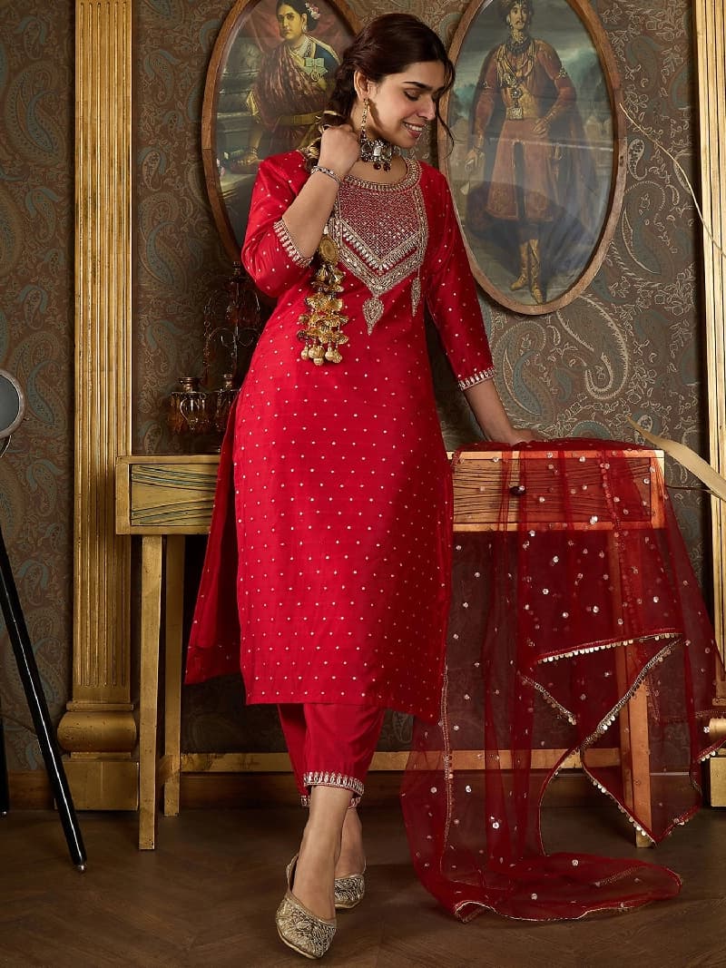 Women's Red Festive Kurta Set