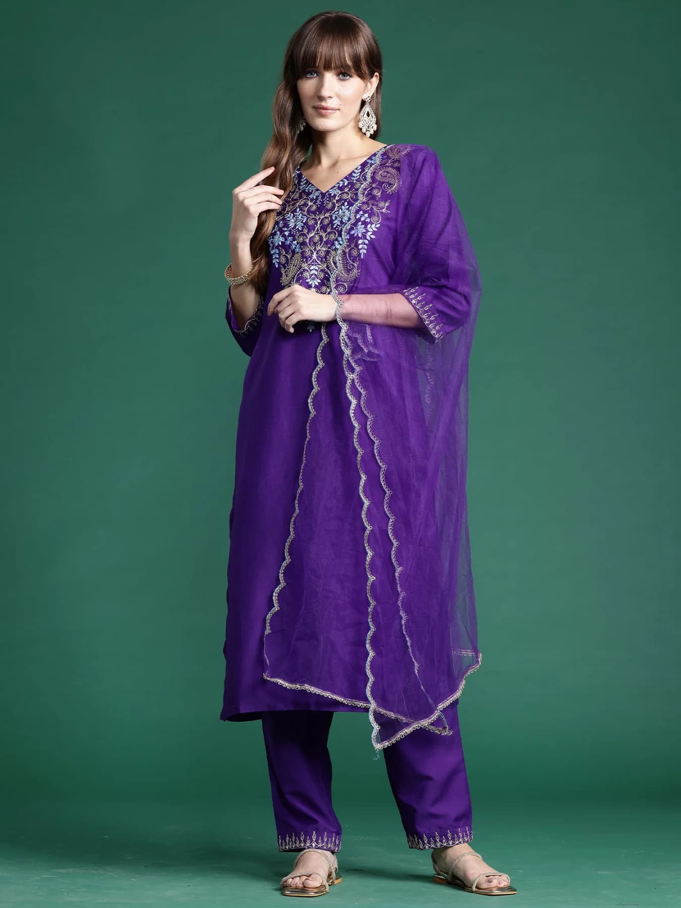 Women's Purple Festive Kurta Set With Dupatta