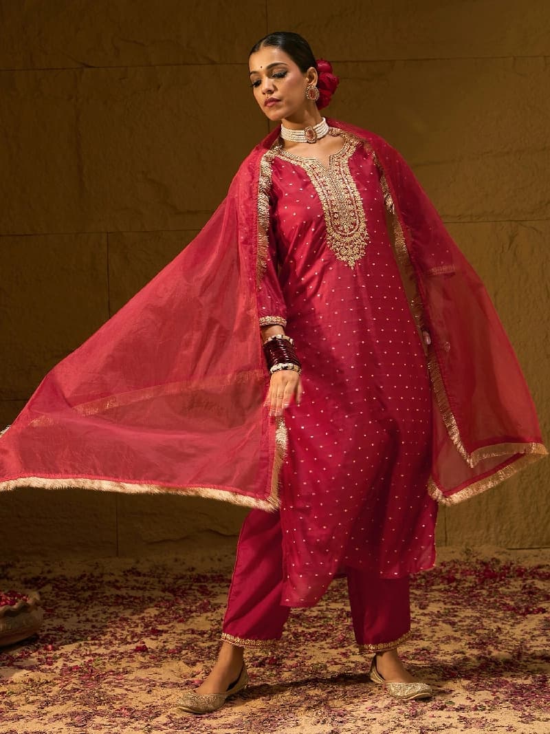 Women's Red Festive Kurta Set