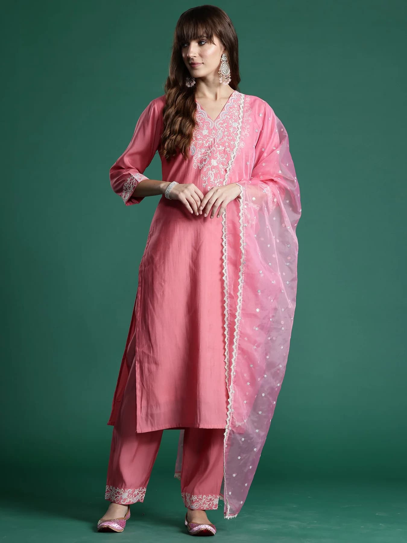 Women's Pink Festive Kurta Set With Dupatta