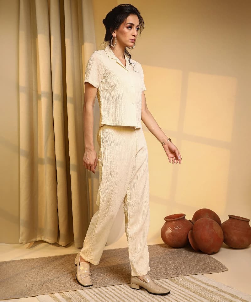 Women's Pale Yellow Textured Casual Co-Ord Set