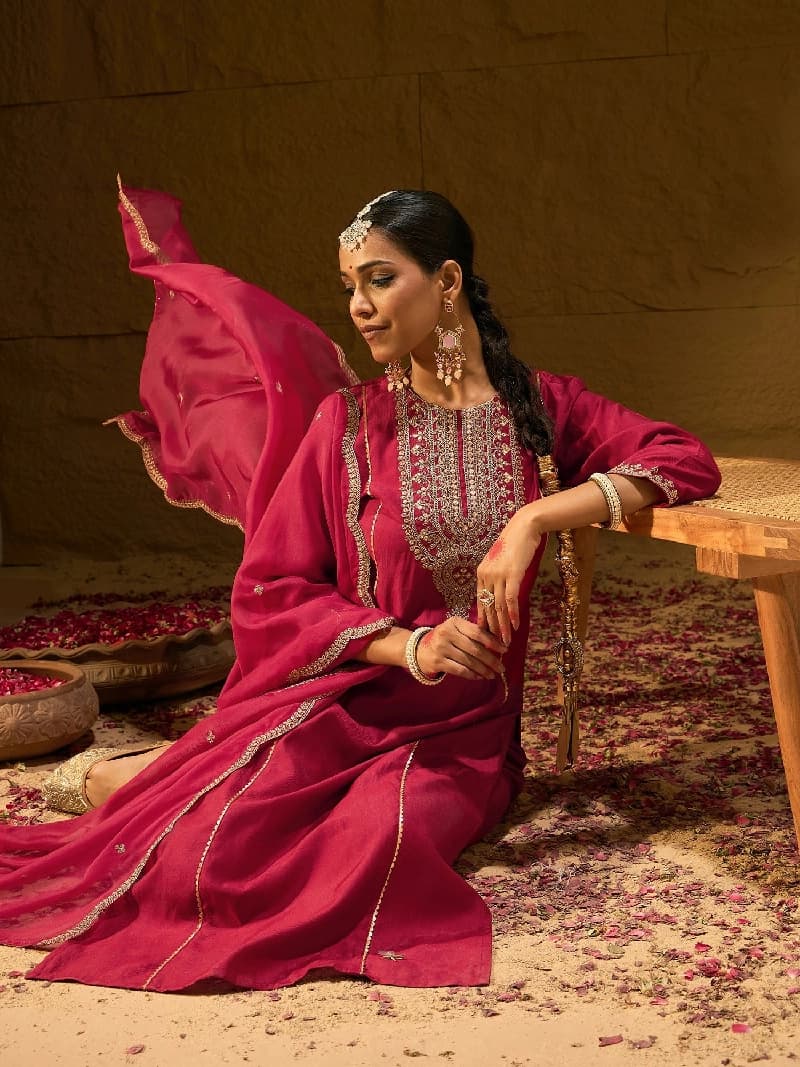 Women's Red Festive Kurta Set