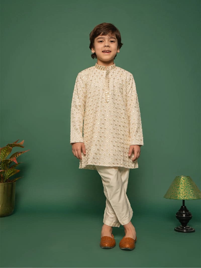 Boys Beige Rayon Schifli Embroidered Kurta with Cream Pyjama Set