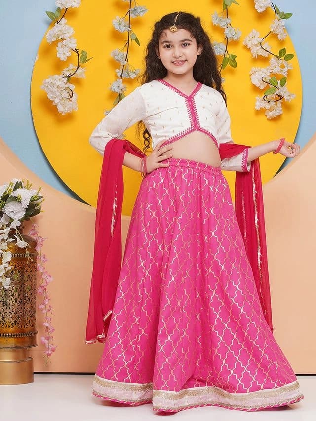 Girls White and Pink Ethnic Printed Three Quarter Sleeves Choli and Lehenga with Dupatta