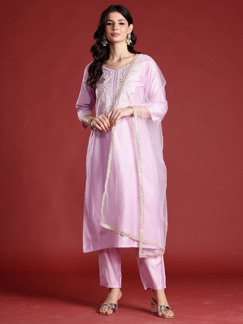 Women's Pink Embroidered Straight Kurta Pant with Dupatta Set