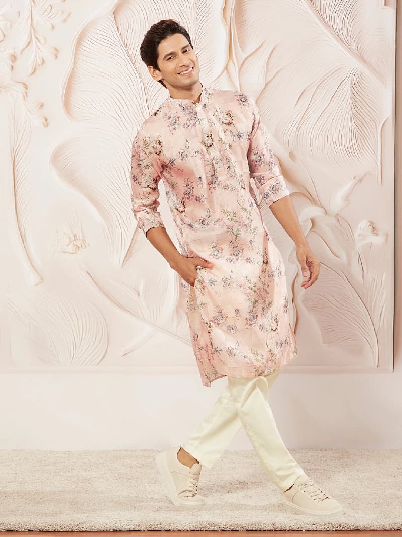Men's Pink Festive Floral Kurta Set