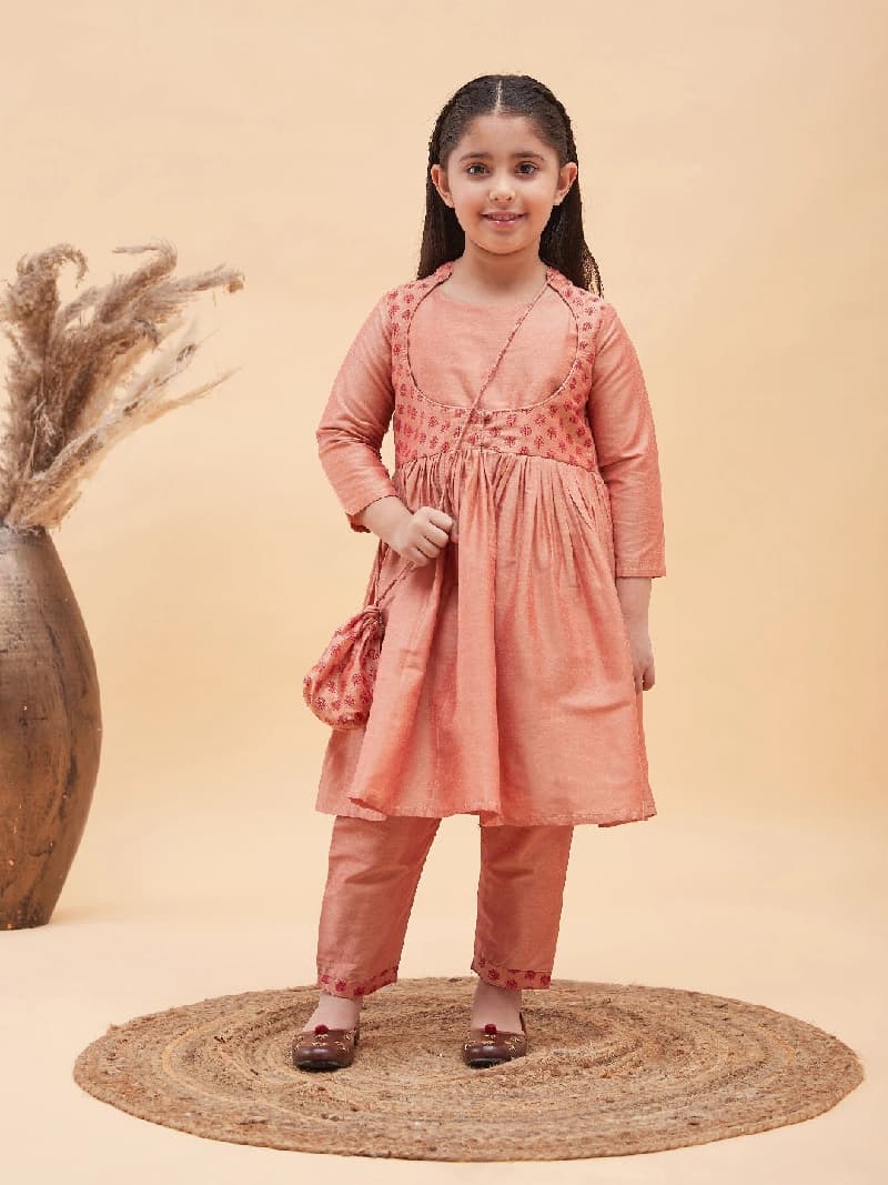 Girls Pink Viscose Anarkali Kurta Set with Complimentary Polti Bag