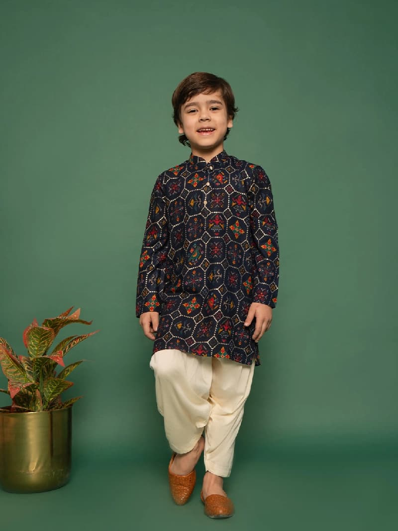 Boys Navy Viscose Patola Printed Kurta with Patiala Set