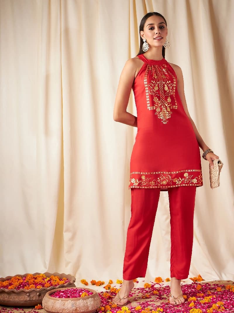 Women's Red Festive Kurta Set
