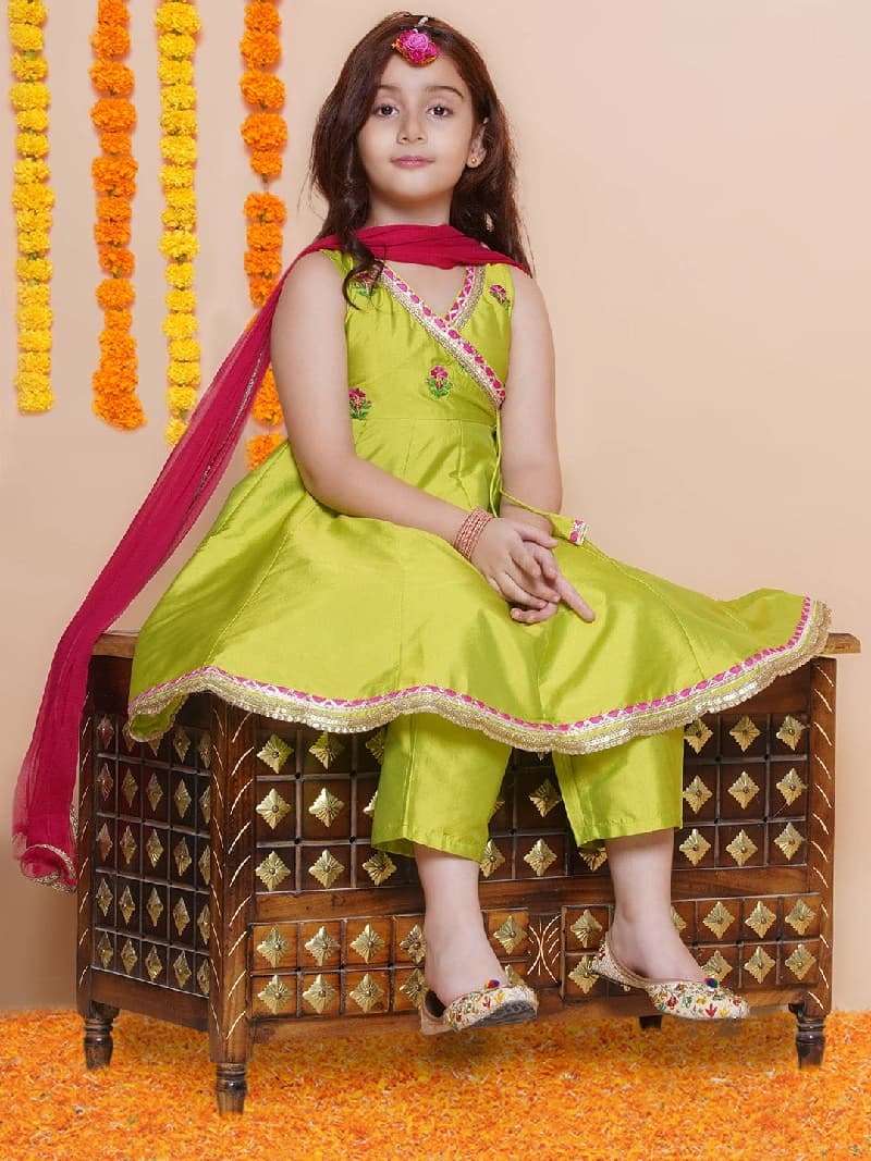 Girls Green Angrakha Kurta with Trousers & Dupatta