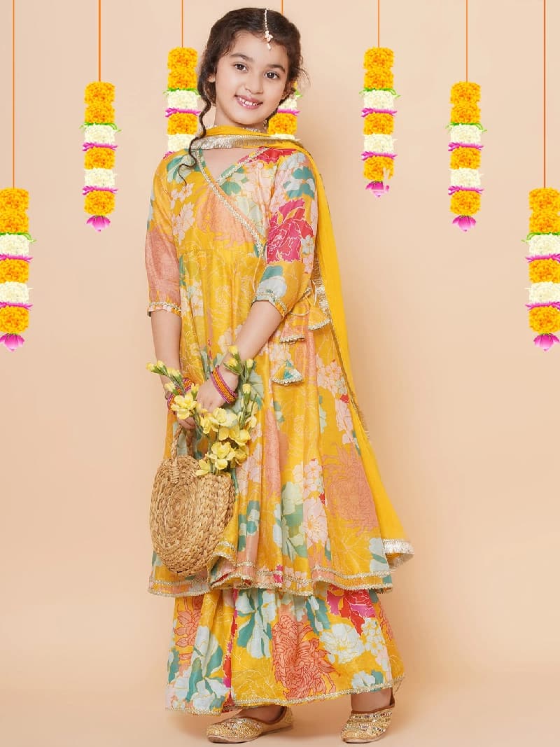 Girls Yellow Multi Floral Printed Angrakha Gotta Patti Kurta & Sharara Set with Dupatta