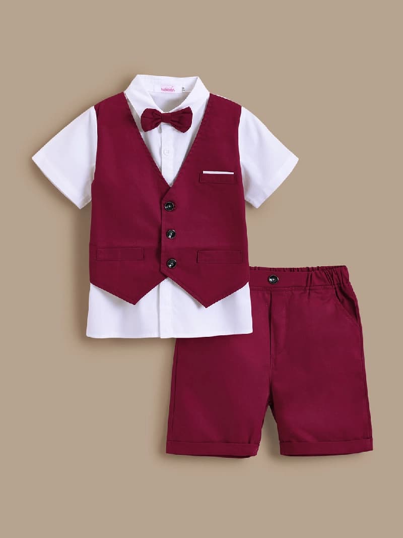 Boys Red Bow Applique Half Sleeves Shirt & Shorts