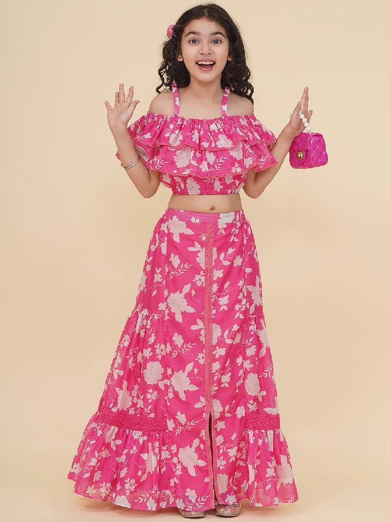 Girls Pink & White Printed Top & Ready to Wear Skirt