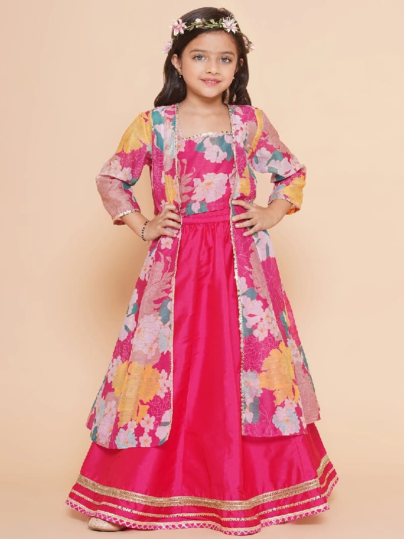 Girls Pink Floral Printed Lehenga Choli