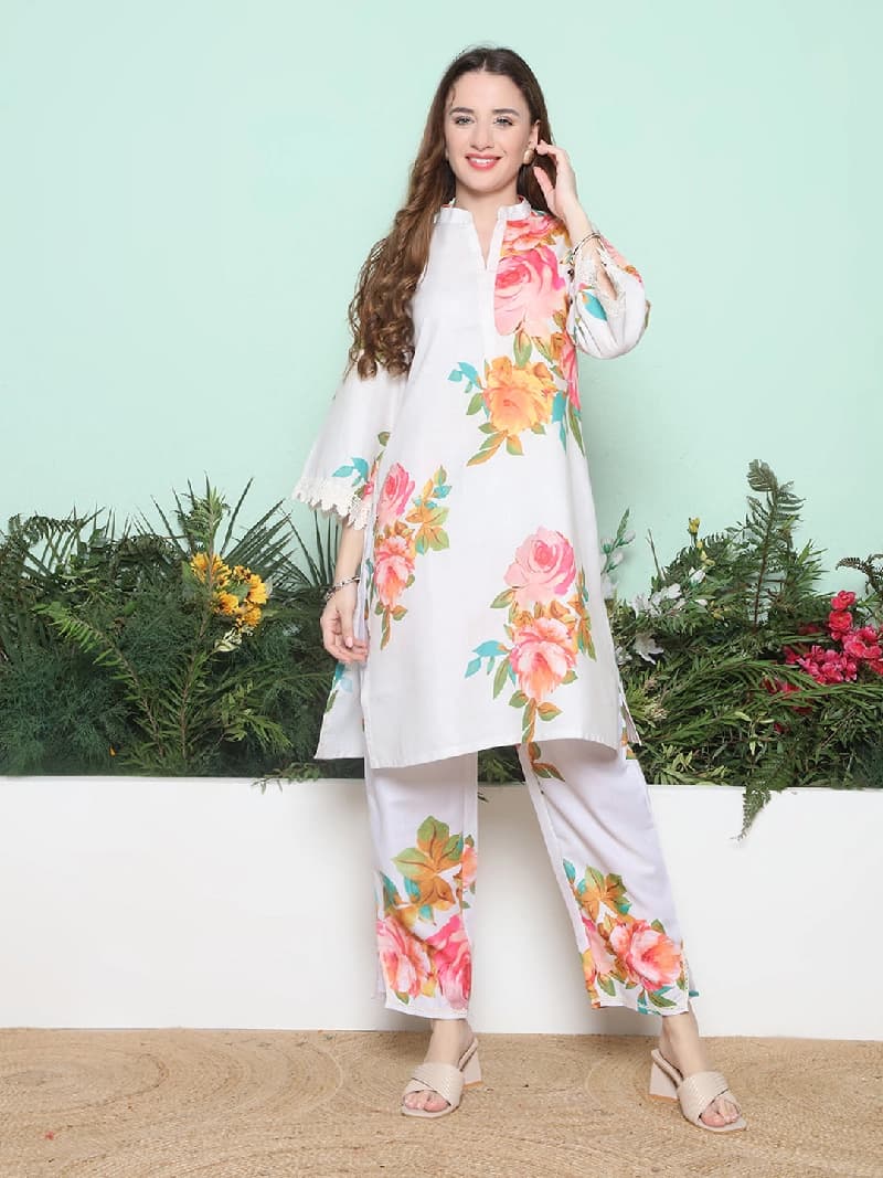 Women's White Festive Printed Kurta Set
