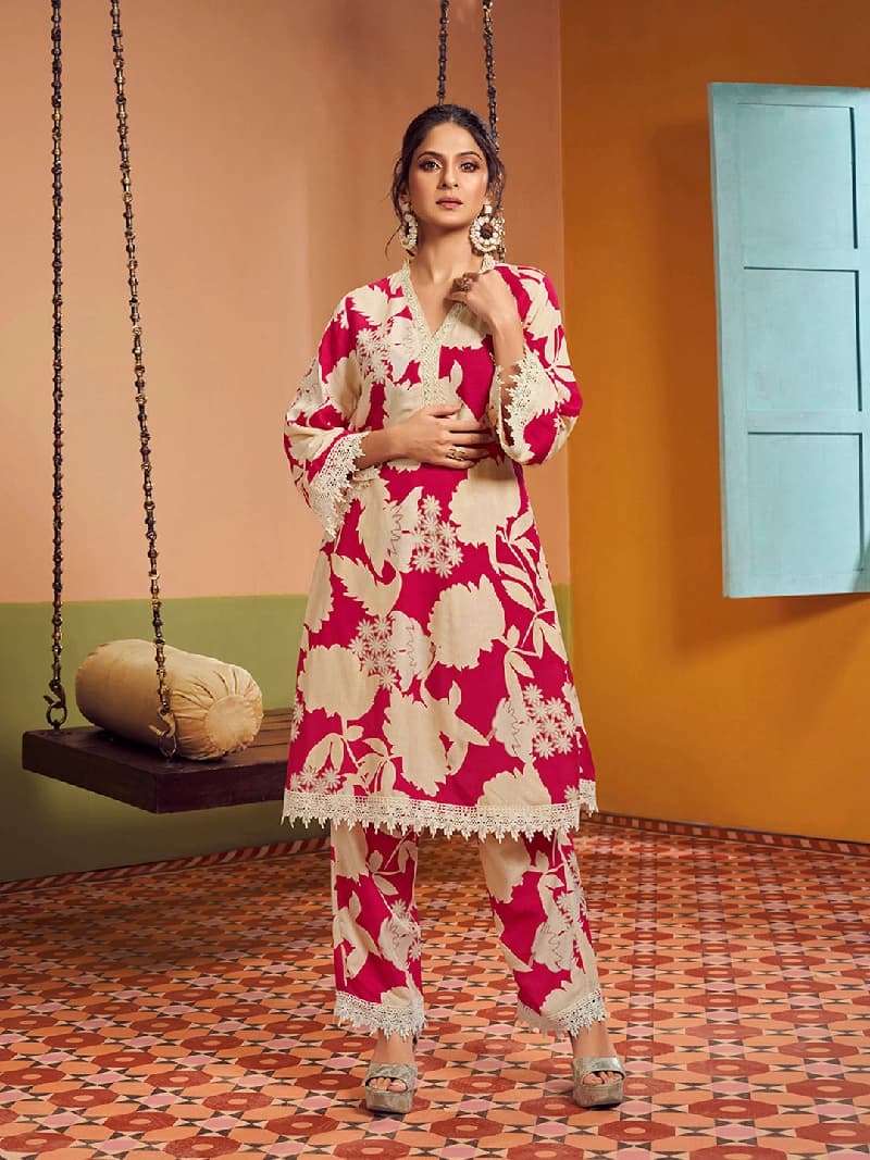 Women's Beige Festive Printed Kurta Set