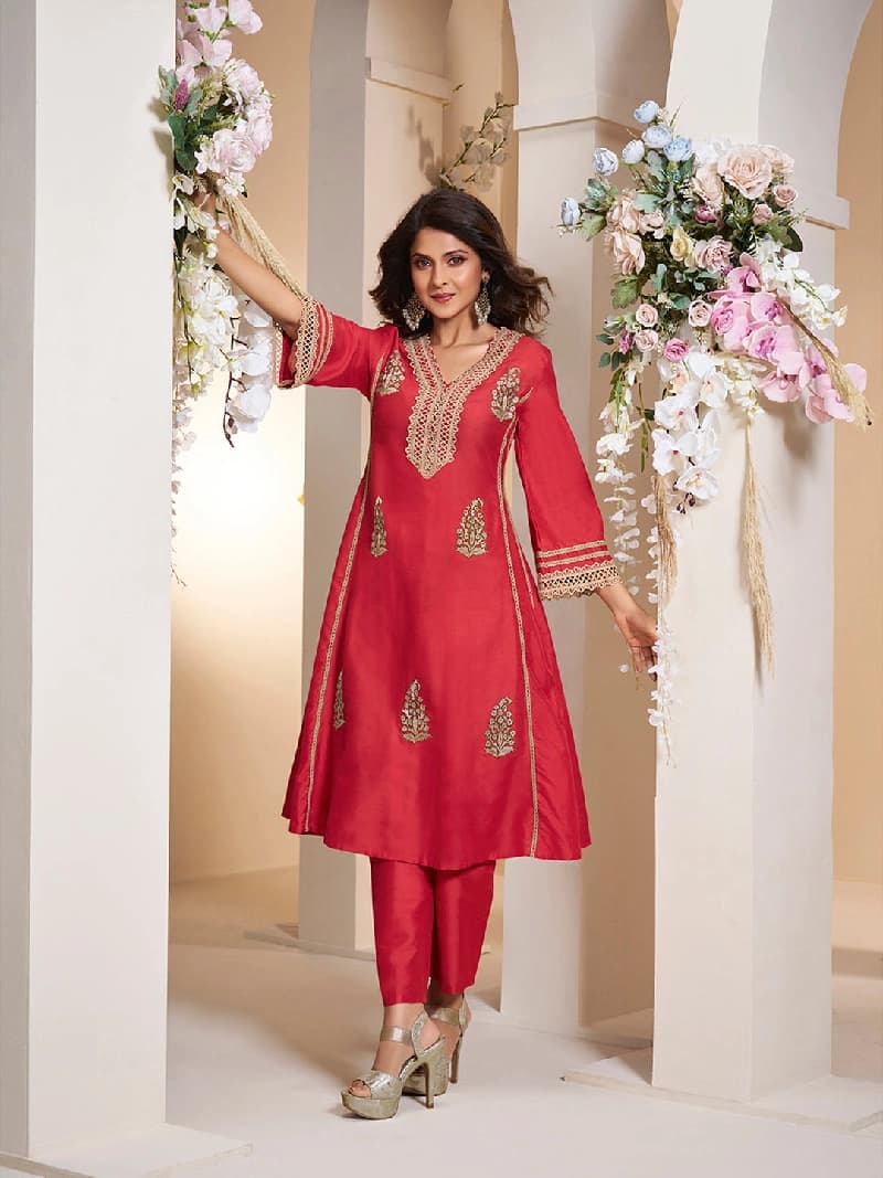Women's Red Festive Kurta Set