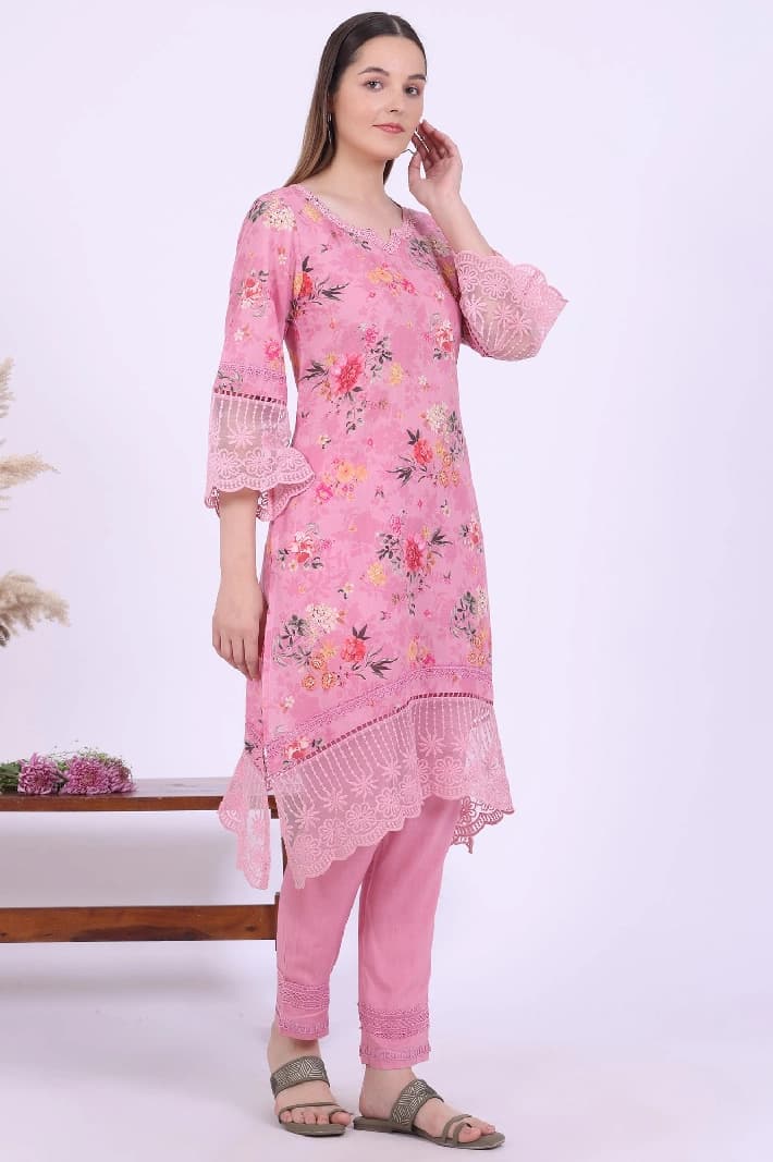 Women's Pink Casual Kurta Set