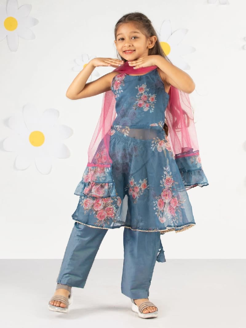 Girls Gray Festive Printed Sleeveless Kurta Set with Dupatta
