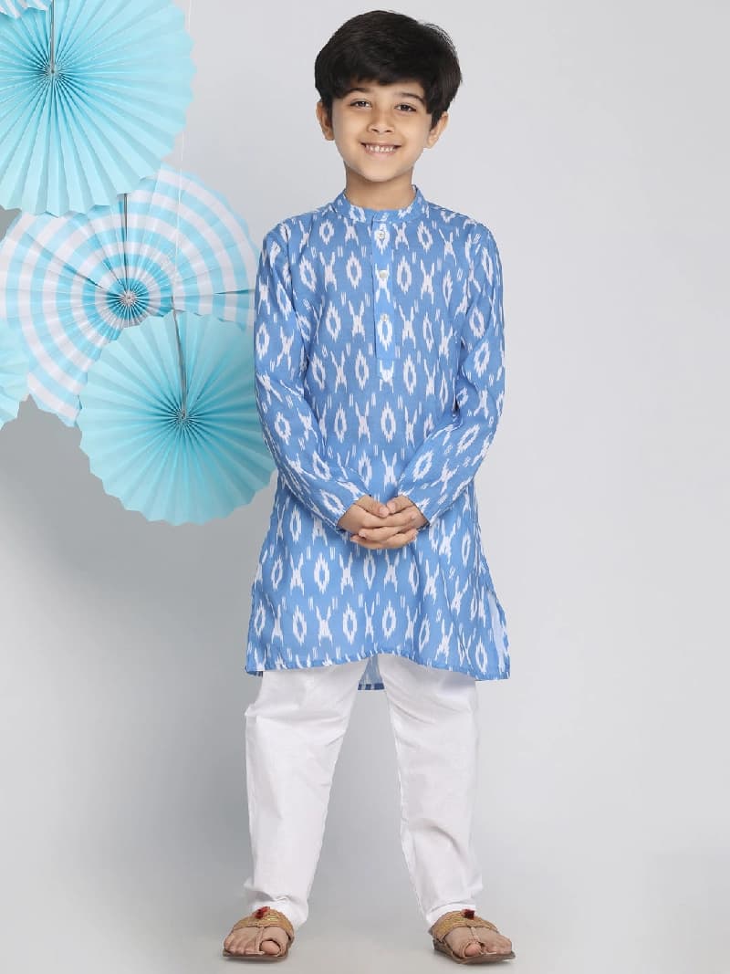 Boys Blue Festive Printed Full Sleeves Kurta with Pyjama