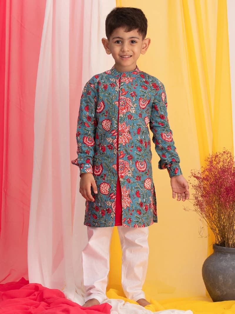 Boys Blue Festive Printed Full Sleeves Kurta with Pyjama