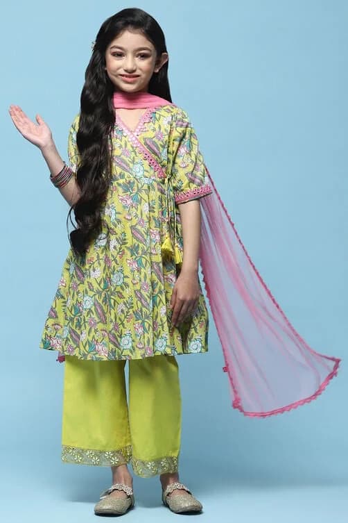 Girls Yellow Festive Regular Fit Printed Suit Set