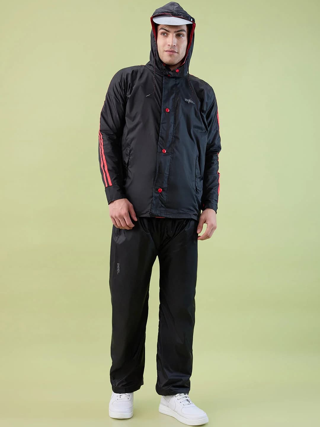Men's Black Red Button Polyester and PVC Rainsuit