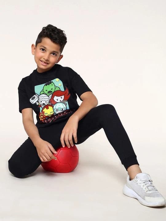 Boys Black Casual Printed Regular Fit Half Sleeves Co-ord Set