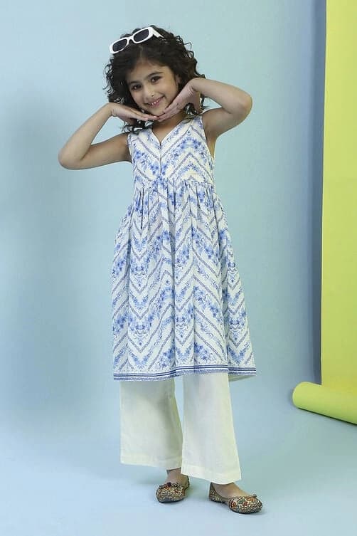 Girls Blue Cotton Floral Gathered Kurta Set