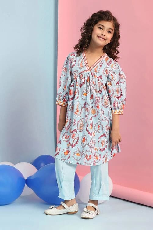 Girls Blue Festive Regular Fit Printed Kurta Set