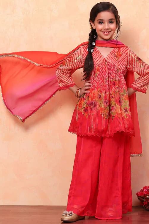 Girls Red Festive Regular Fit Printed Suit Set