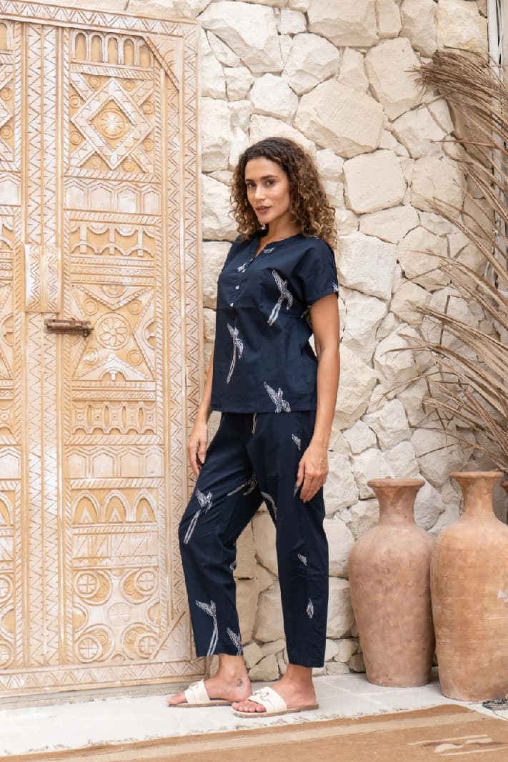 Women's Blue Casual Printed Pyjama Set