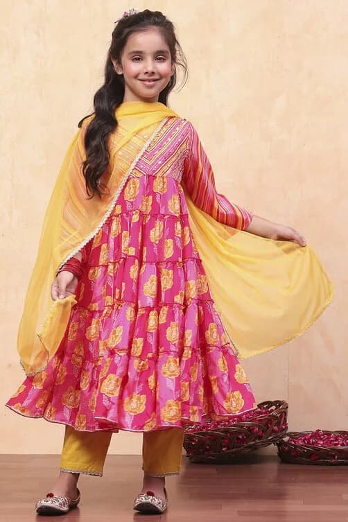 Girls Pink Festive Regular Fit Printed Suit Set