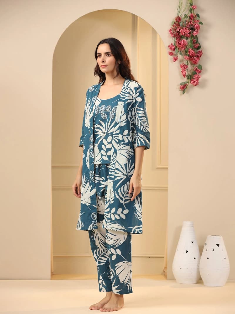 Women's Blue Casual Printed Pyjama Set