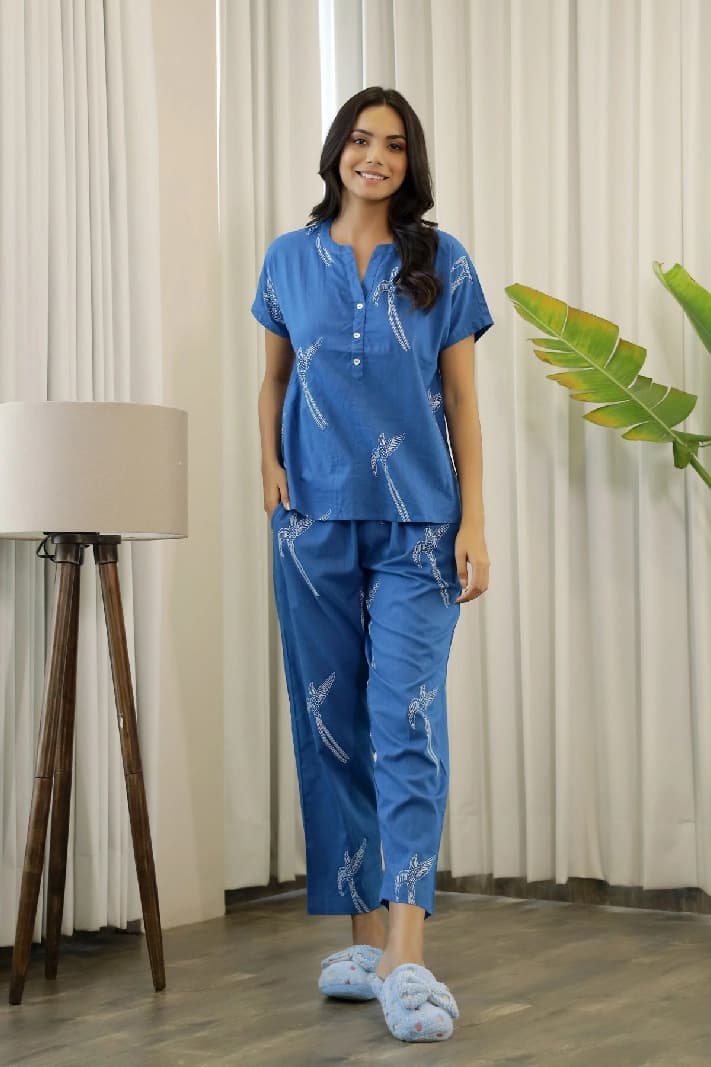 Women's Blue Casual Printed Pyjama Set