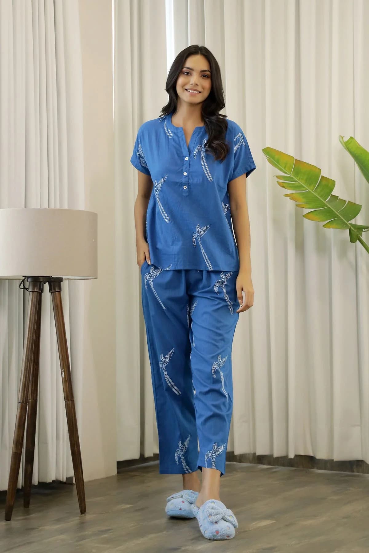 Women's Blue Casual Printed Pyjama Set