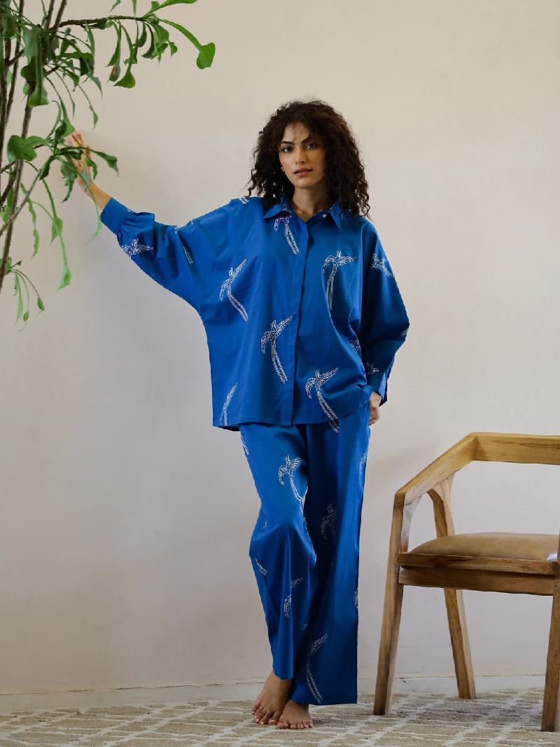 Women's Blue Casual Printed Pyjama Set