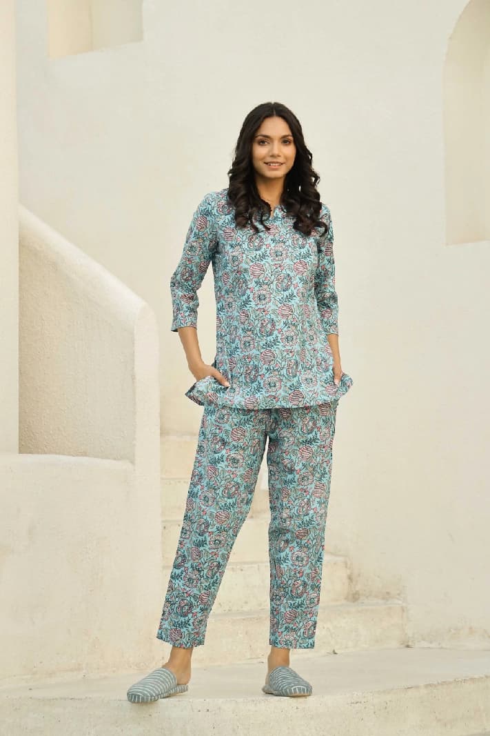 Women's Blue Casual Printed Pyjama Set